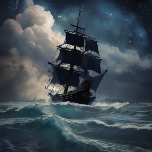 Sailship Silhouette on Stormy Starry Sea