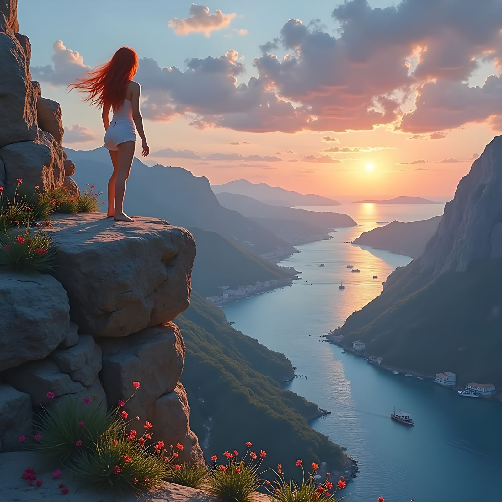 Serene Sunset Village Landscape in Dreamlike Style