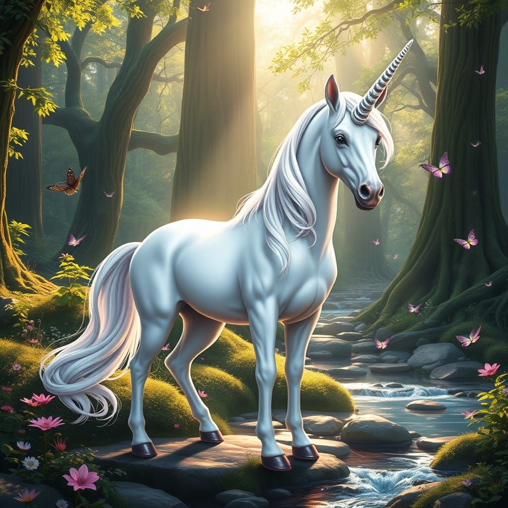 Magical Unicorn in Whimsical Forest Setting
