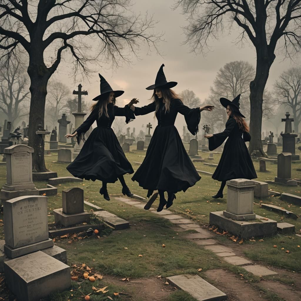 Witches' Dance in Cemetery Under Moonlight