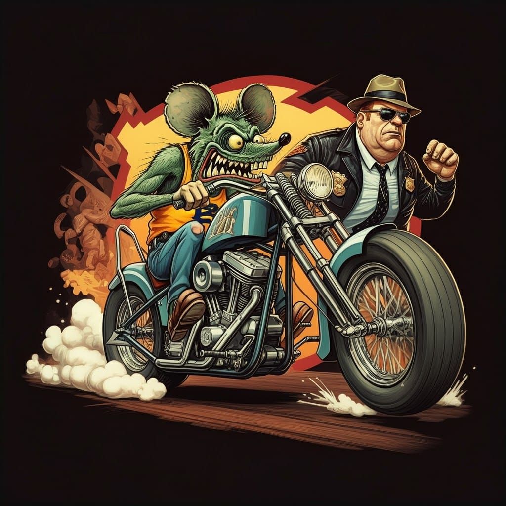 Ed Roth Comic: Policeman Chasing Ratfink on Chopper