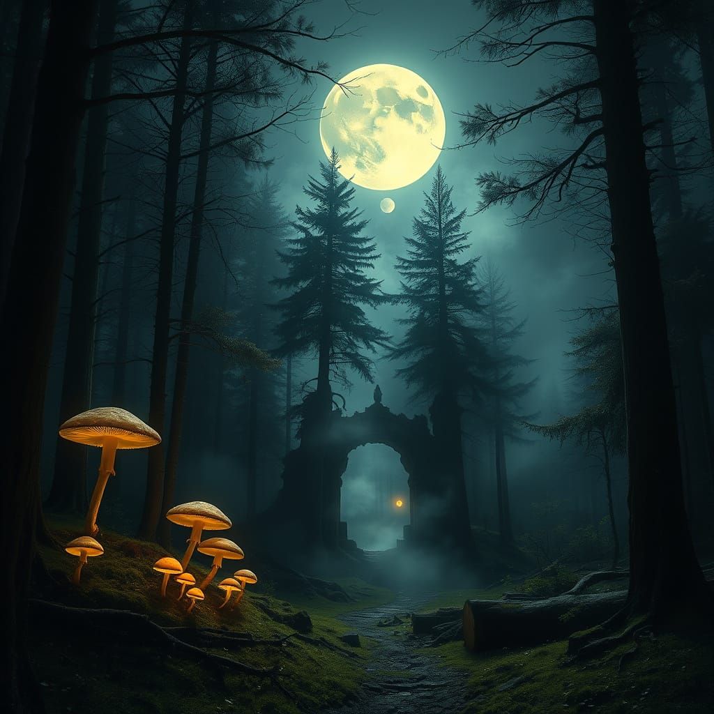 Moonlit Forest Clearing with Glowing Portal