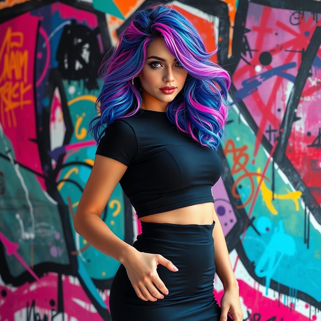 Colorful Haired Woman in Graffiti Street Art Style