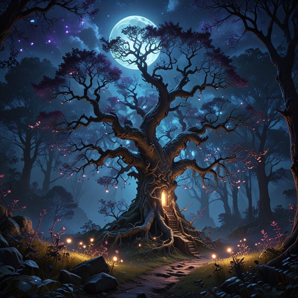 Ancient Magical Tree in a Moonlit Enchanted Forest