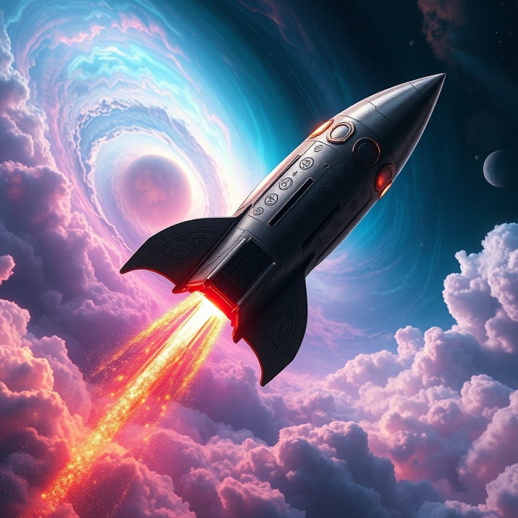Neon Rocket Ship Bursts Through Iridescent Clouds