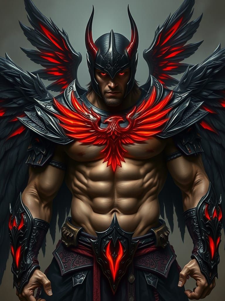 Fierce Warrior with Phoenix Emblem in Dark Fantasy Style