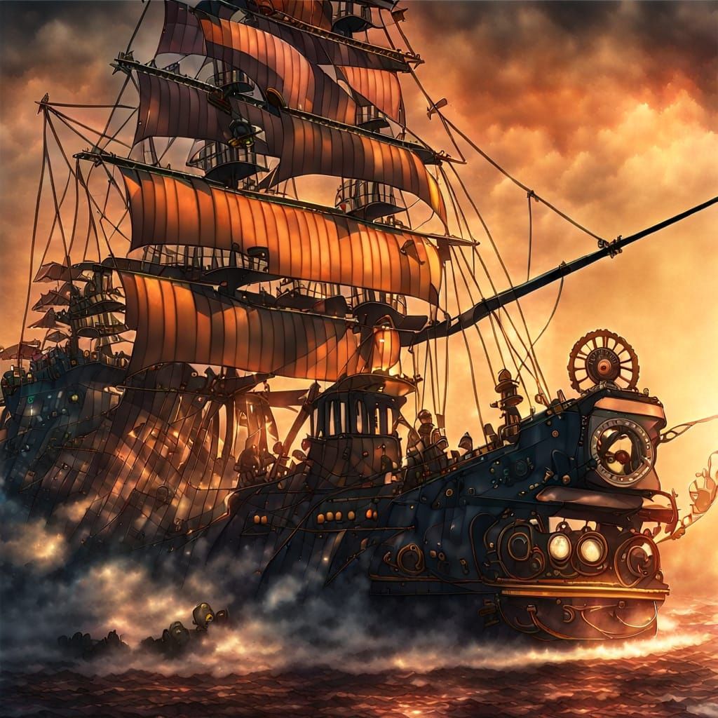 Steampunk Pirates Clash at Sunset