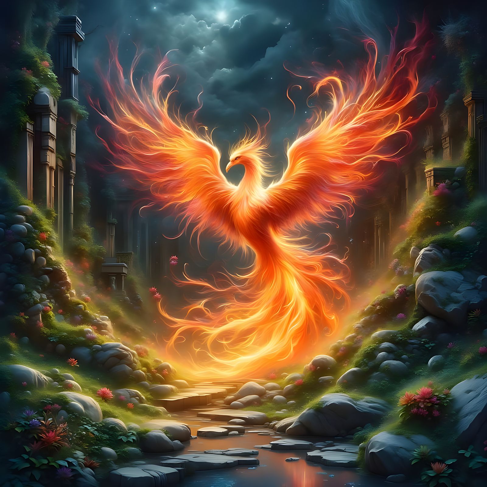 Ethereal Phoenix Rebirth in Ancient Temple Ruins
