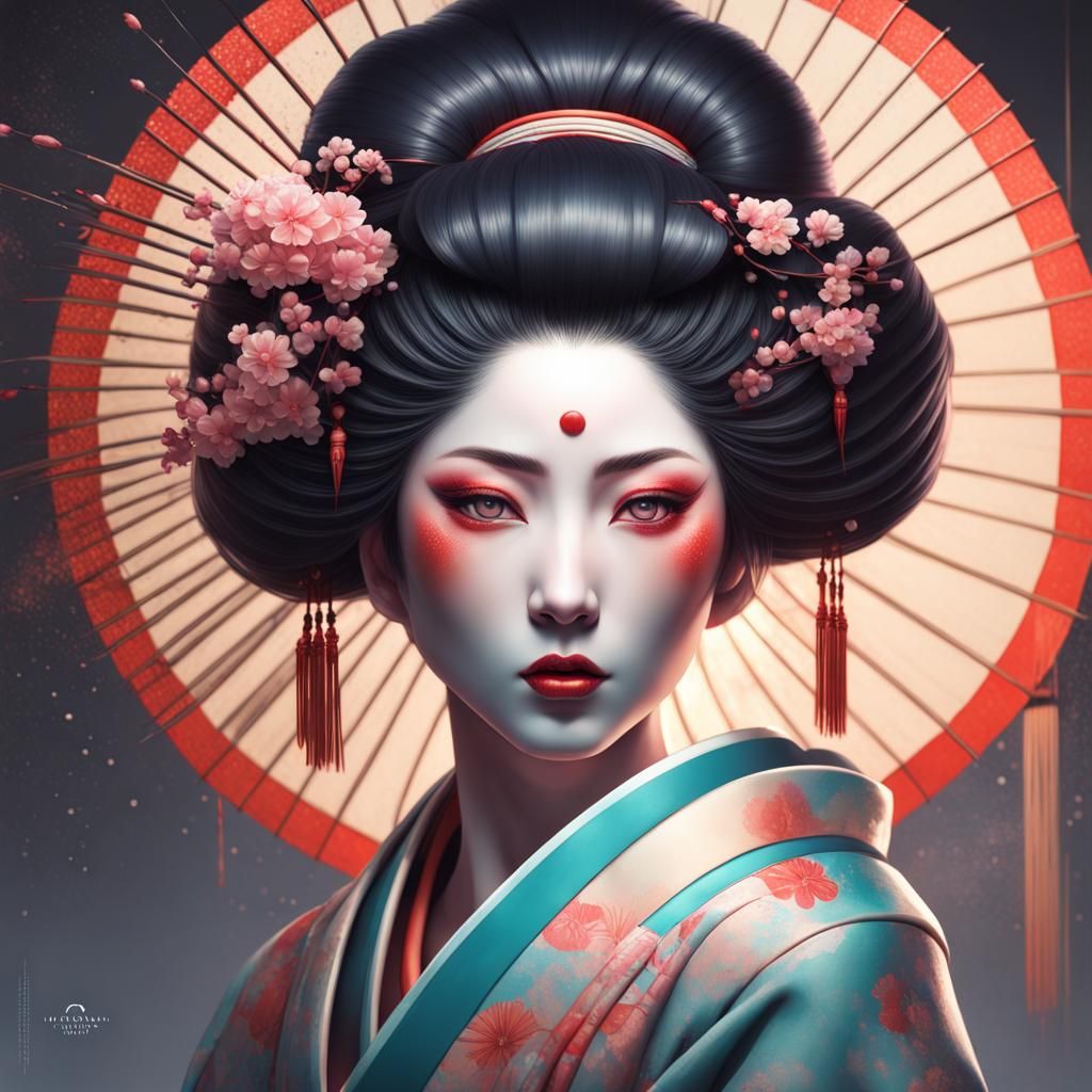 Geisha Portrait in Surreal Celestial Dot Painting