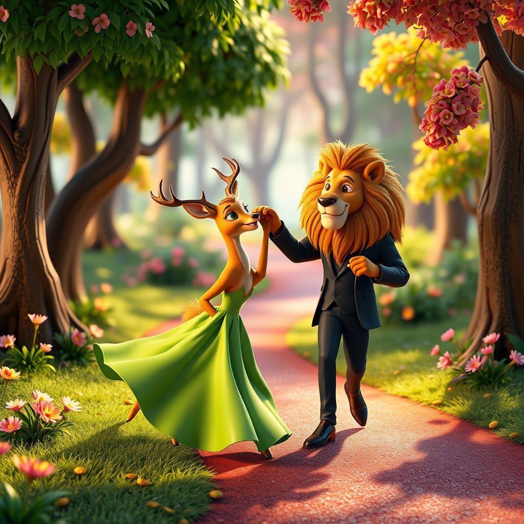 Deer and Lion Dance on Forest Path in Pixar Style