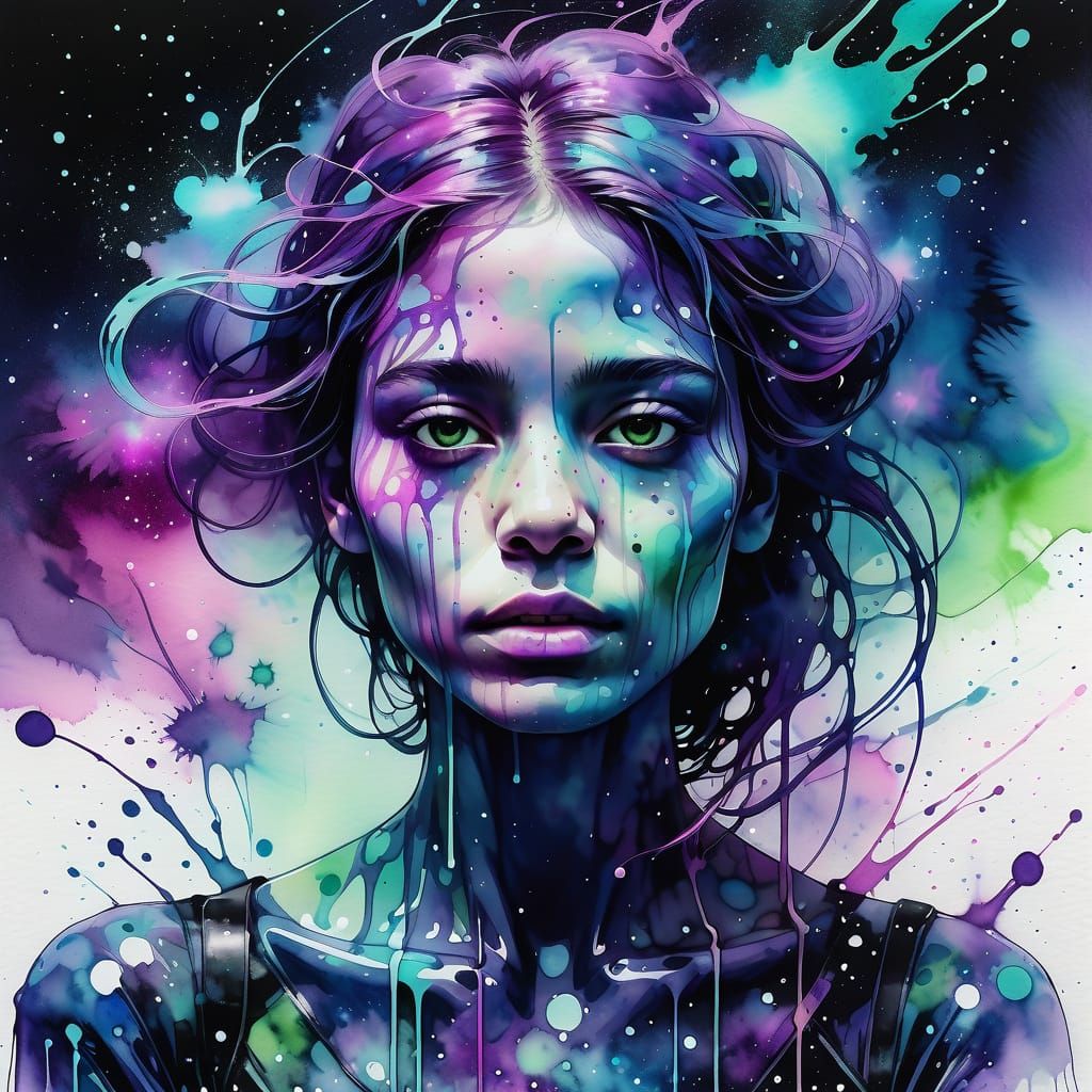 Perfect woman perfect body dripping in paint, glowing neon b...