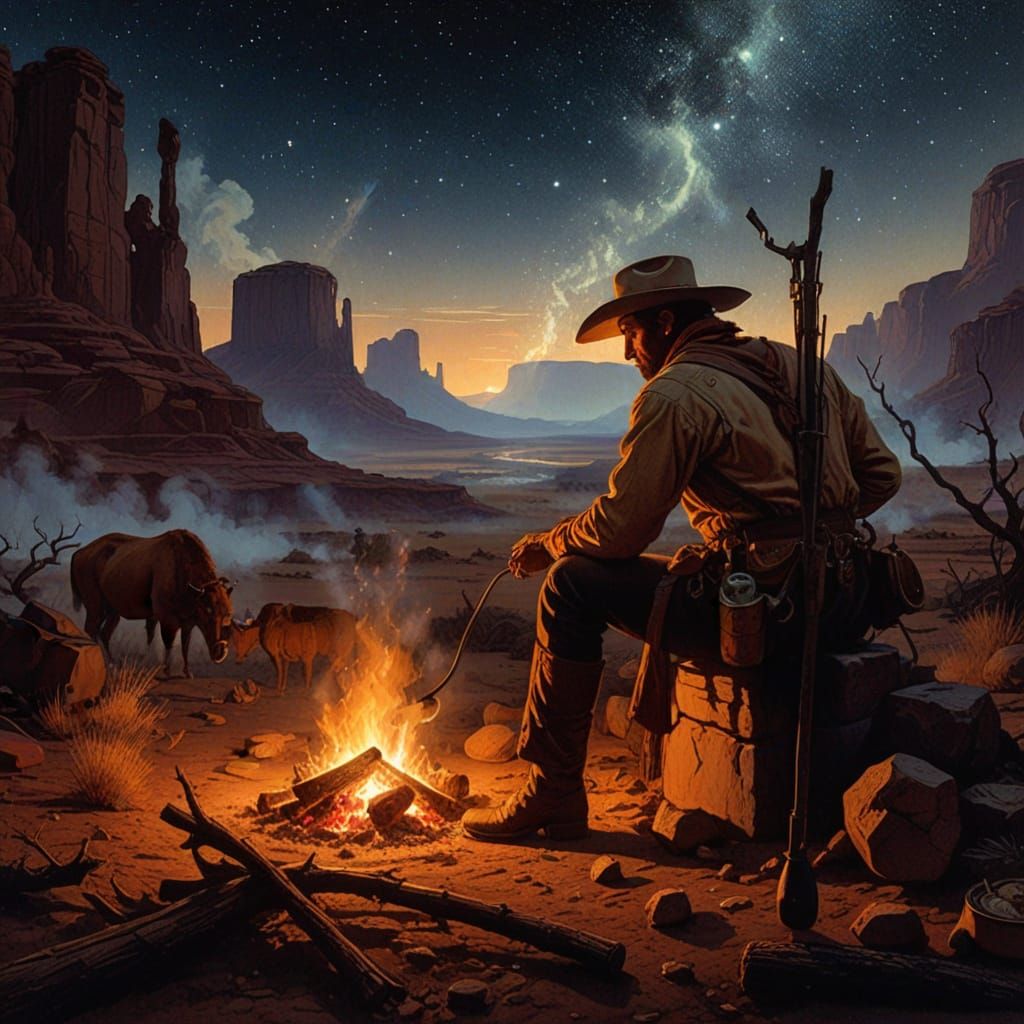 Cowboy Campfire Scene in Renaissance Style