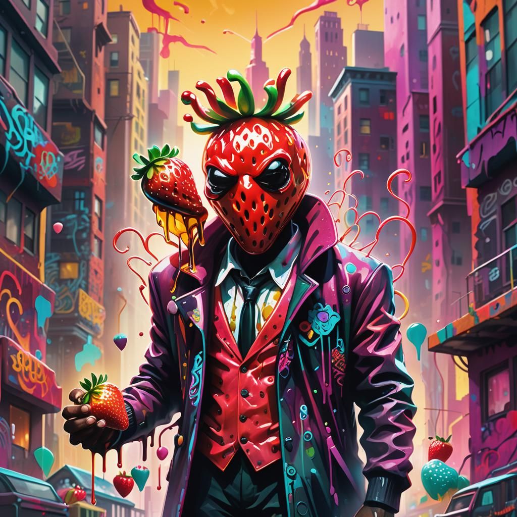 Strawberry Candyman in Polychromatic Cityscape Concept Art