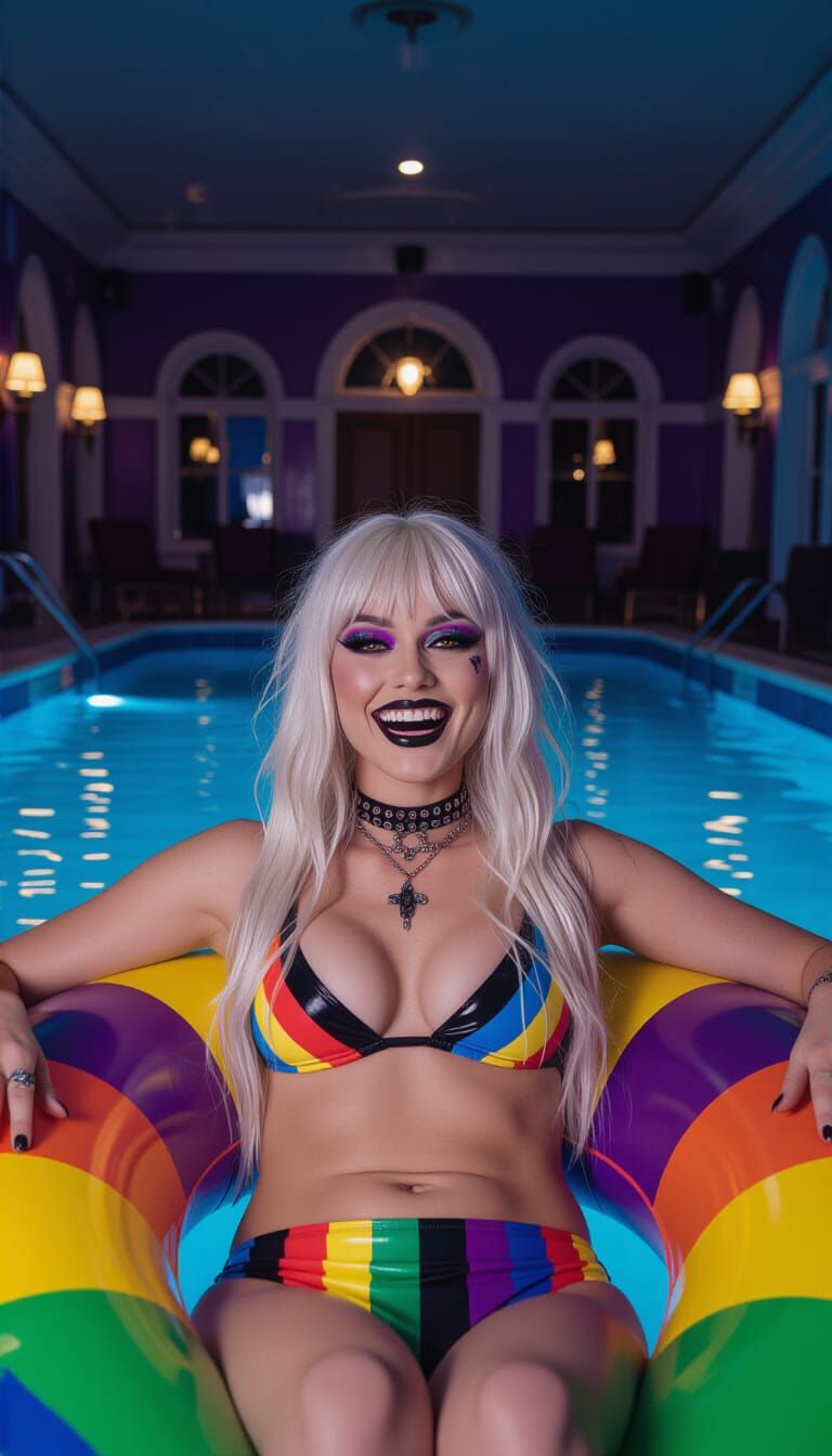 Gothic Woman Floats in Luxury Pool