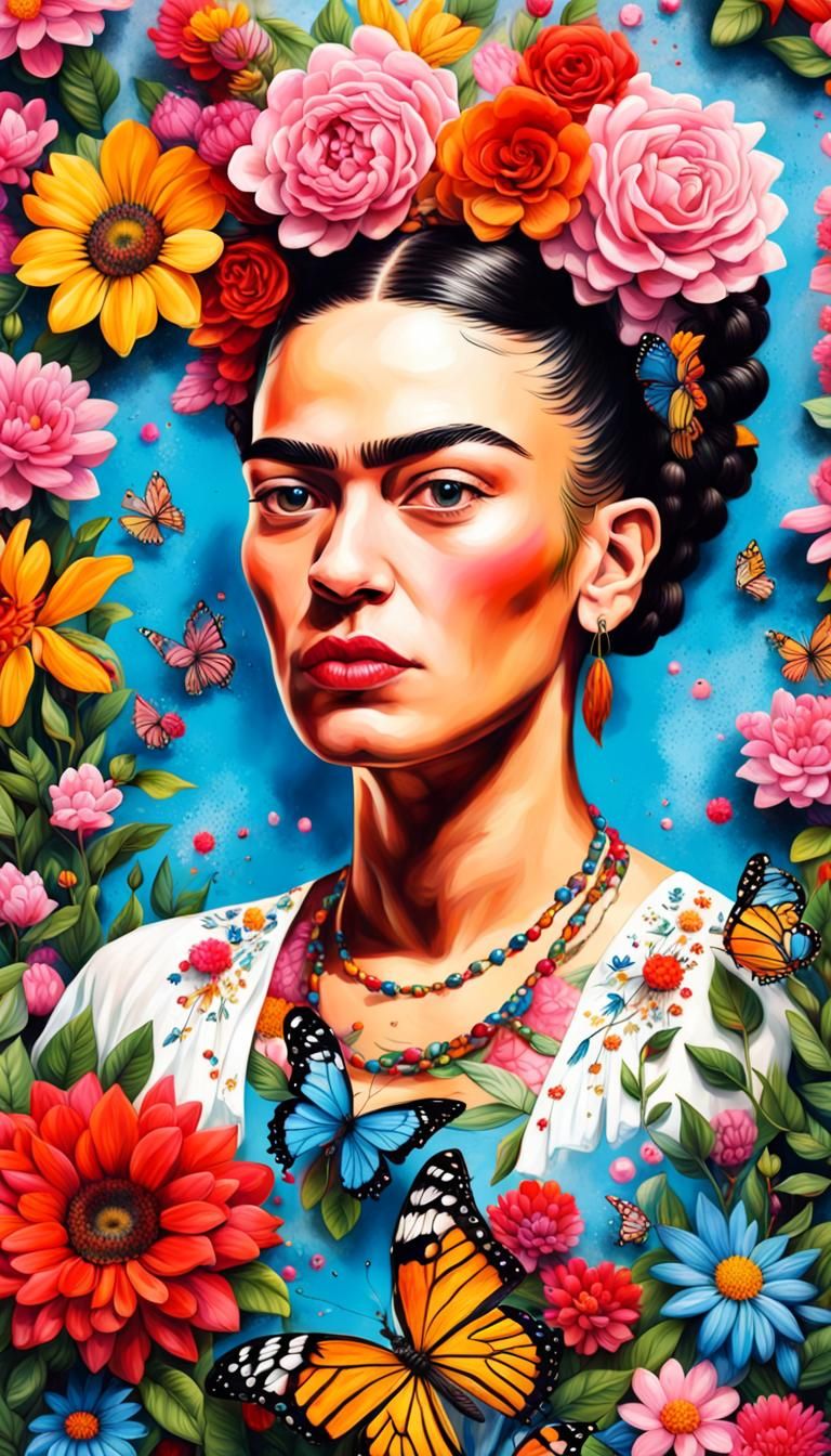 Frida Kahlo Inspired Portrait with Flowers in Graffiti Art