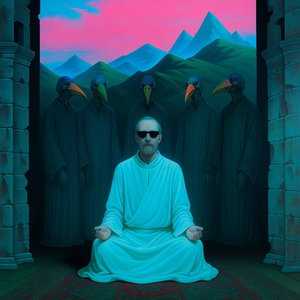 Man in Ancient Tower with Mysterious Beaked Figures