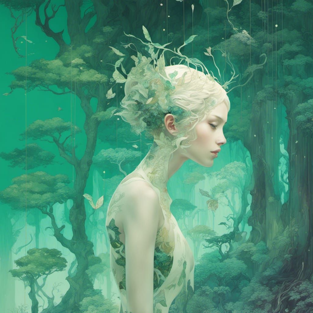 Ethereal Woman Blending Into Emerald Forest