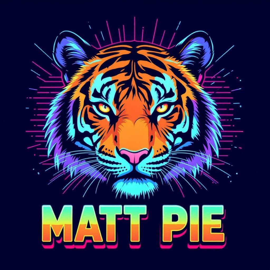 Retro 80s Neon Tiger Head Graphic with "MATT PIE"