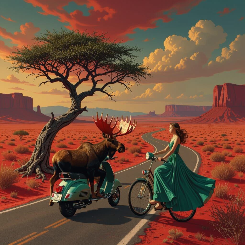 Surreal Desert Road with Moose and Unicyclist