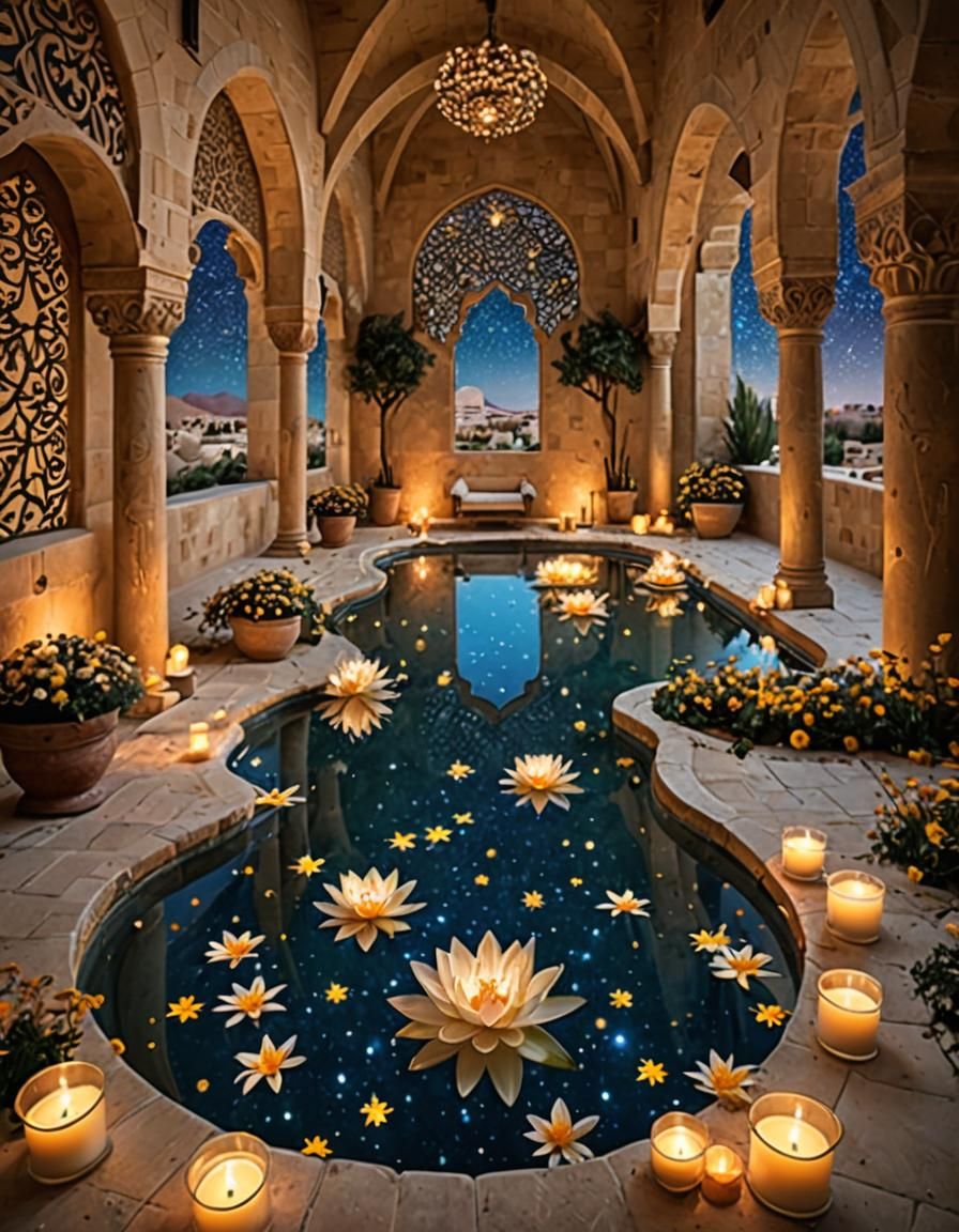 Arabian Pool Fantasy with Candles and Stars