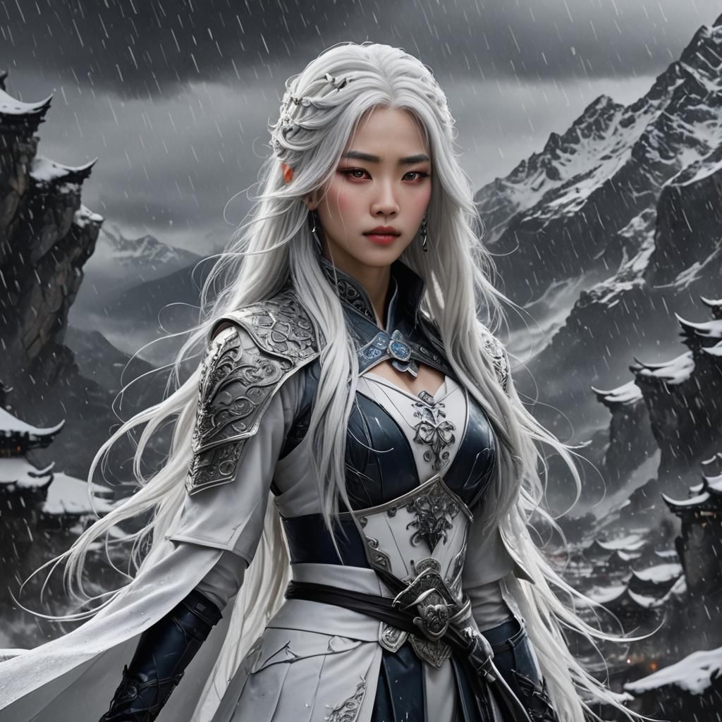 Princess Xianxia. Snowy mountains. Stormy rain. Snowy warrio...
