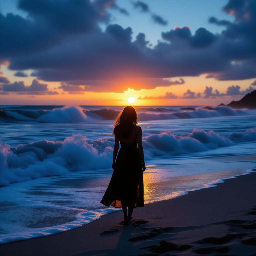 Cinematic Sunset Beach Scene with Woman in Chiaroscuro