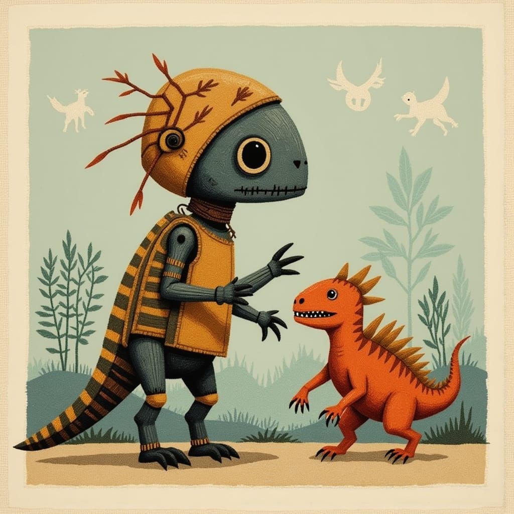 Cute Robot and Dinosaur in Stone Age Silhouette Style