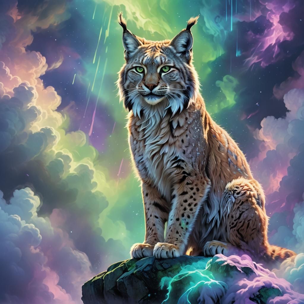 Majestic Lynx in Iridescent Mist: Fantasy Concept Art