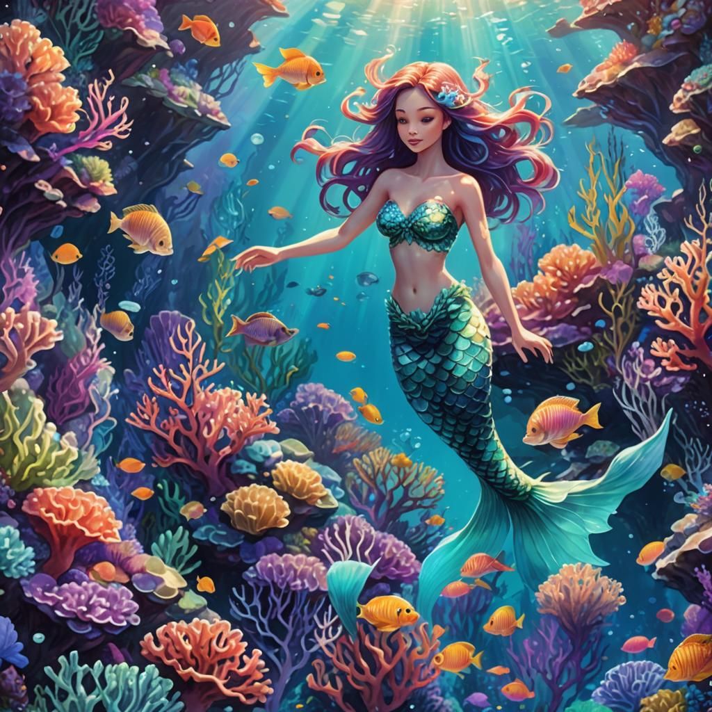 Mermaid in Coral Reef: Fantasy Art