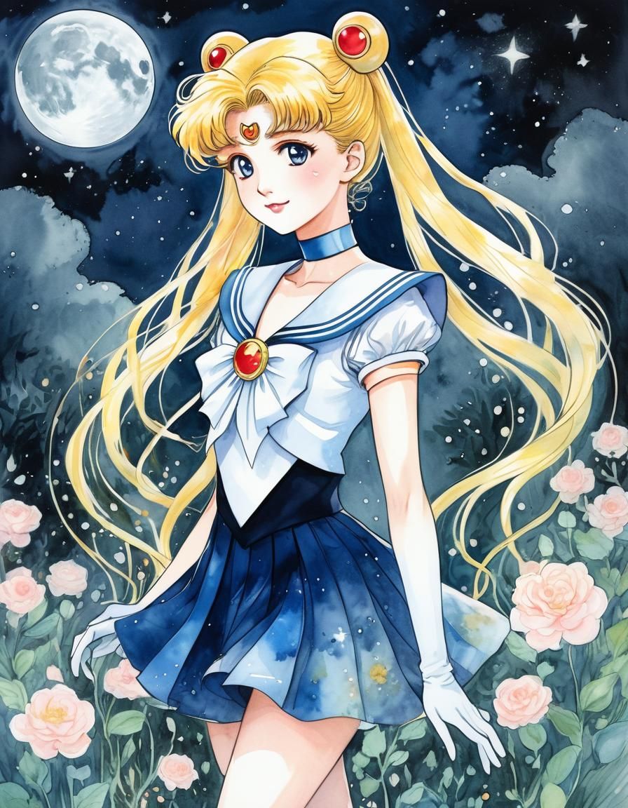 Sailor Moon in Celestial Garden: Watercolor Illustration