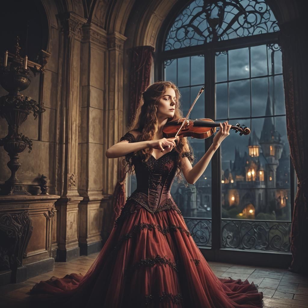 Edwardian Woman Plays Violin in Victorian Castle