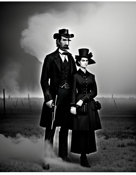 Goth Fashion Icons in Foggy Civil War Landscape
