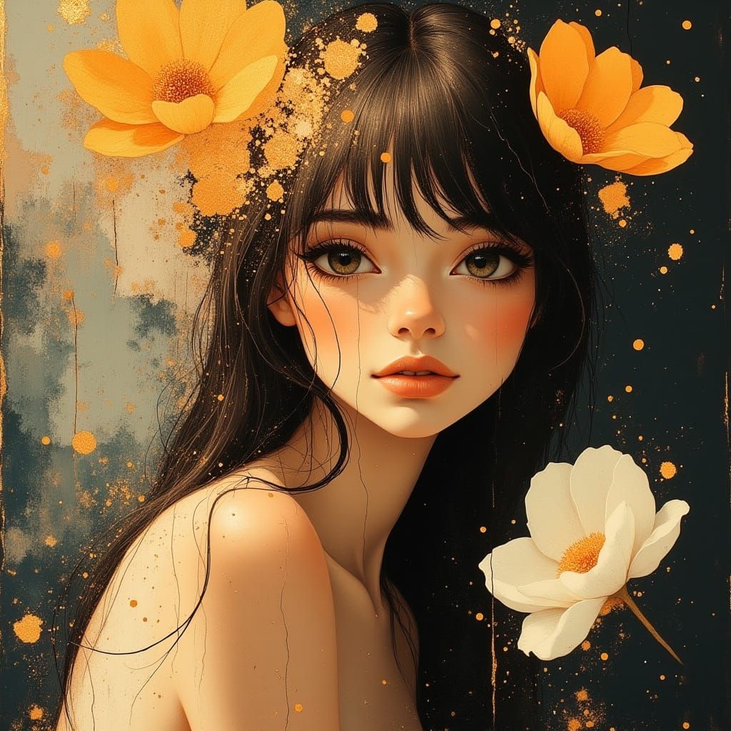 Stylish pretty gorgeous  beauty posing with floral display<l...