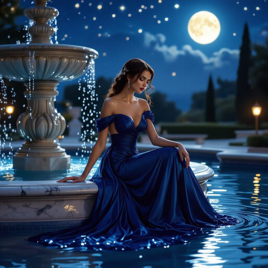 Sapphire Model in Moonlit Courtyard: Art Nouveau Style