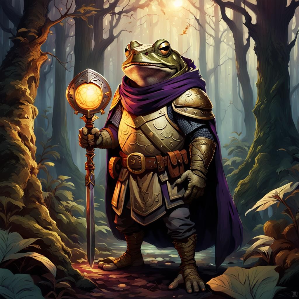 Toad Adventurer in Mystical Dark Fantasy Forest
