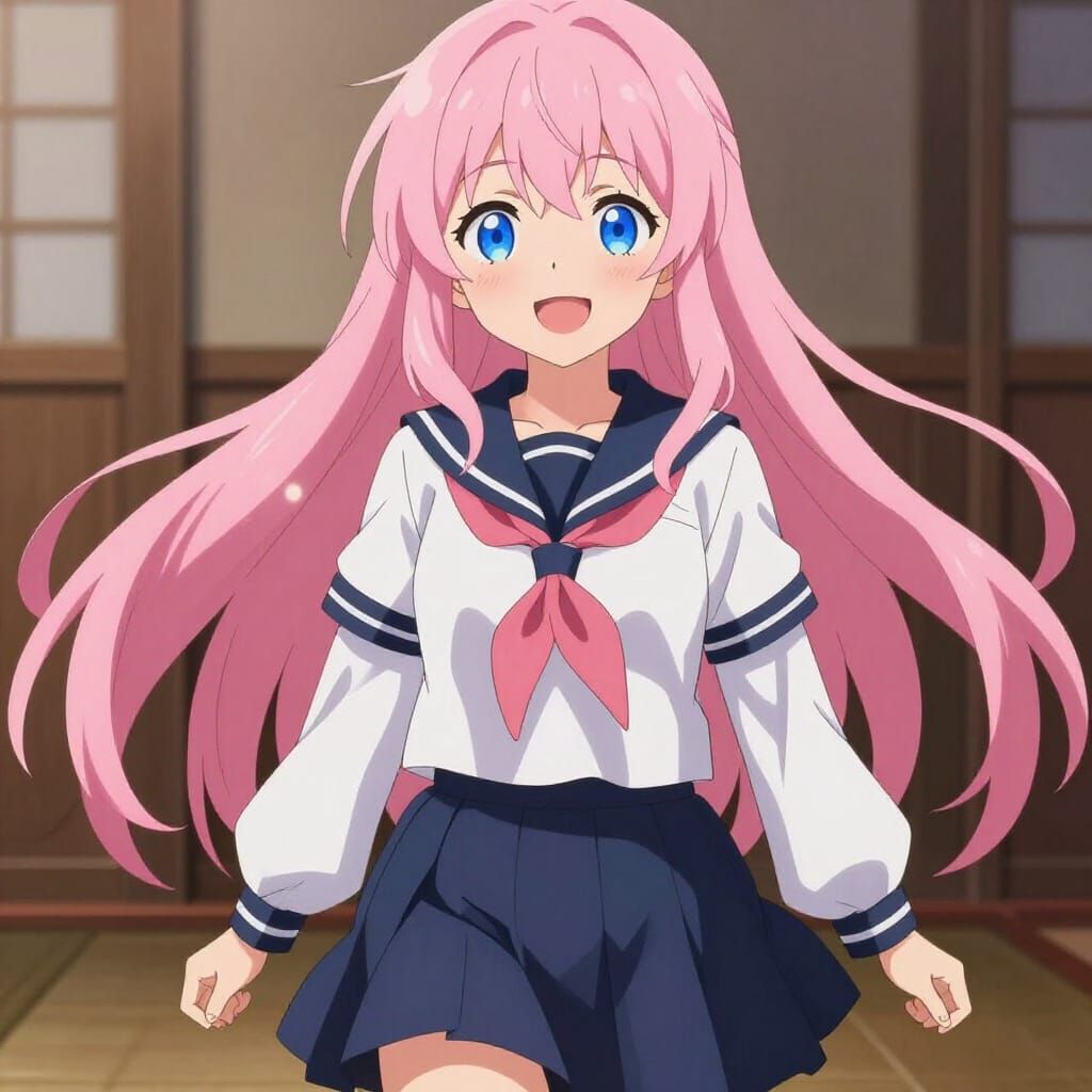 Cute Anime Waifu with Pink Hair in School Uniform