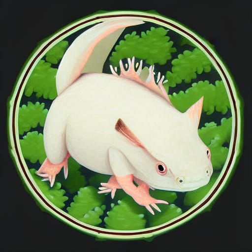 Realistic Chalk Drawing: Cream Axolotl in Green Octagon