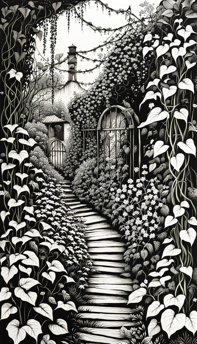 Botanical Ivy Garden with Hidden Eyes in Ink
