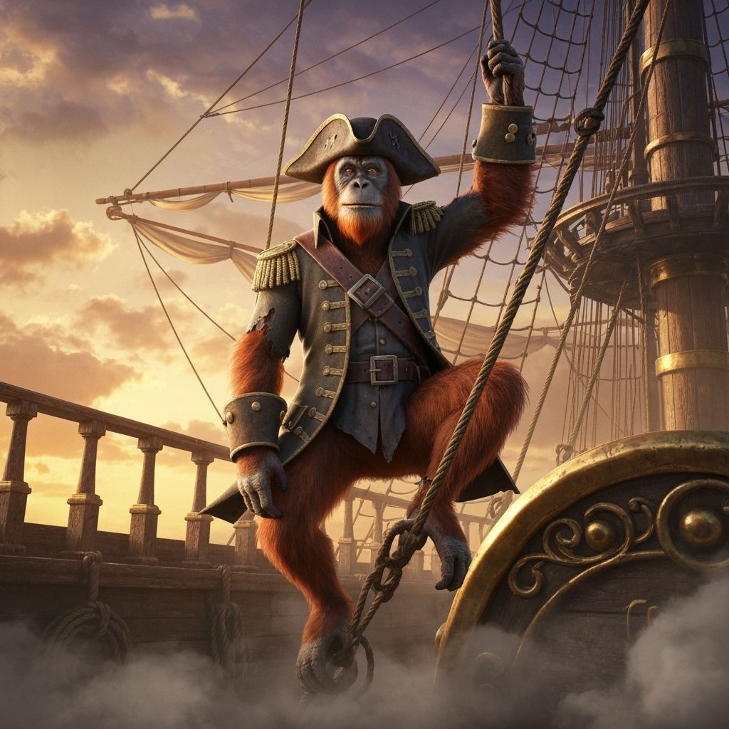 Pirate Orangutan on a Galleon at Sunset