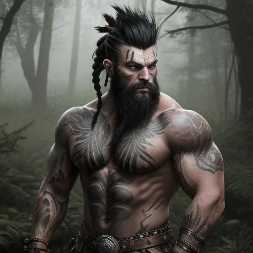 Barbarian Warrior Crouching in Misty Woods
