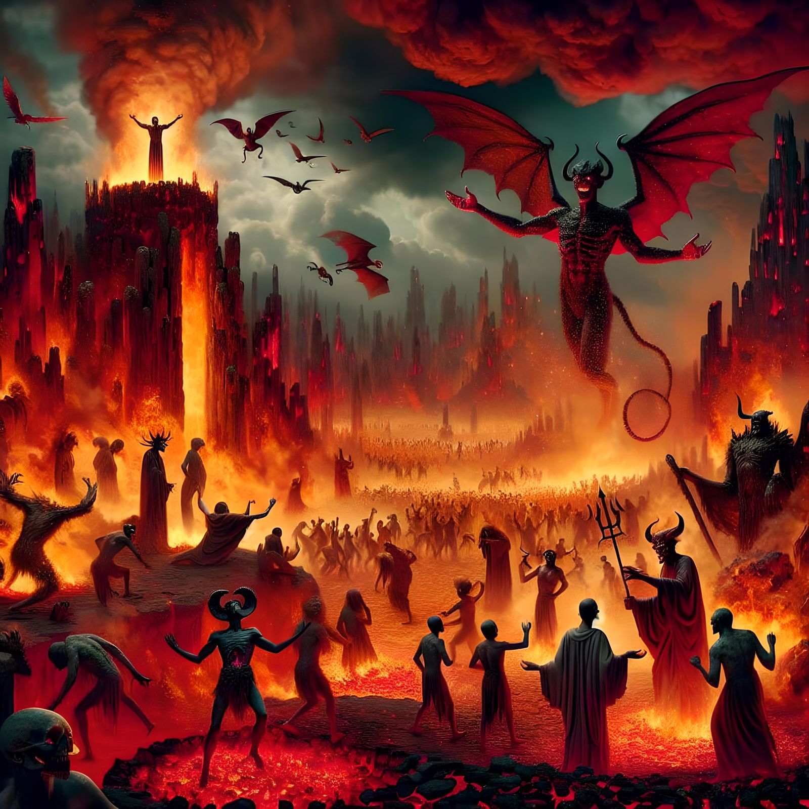 Mythical Underworld Scene with Towering Demon