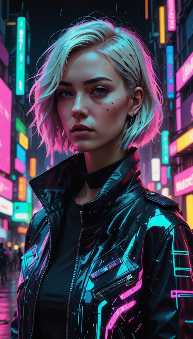 Cyberpunk Portrait of Woman with Neon Glitchscape