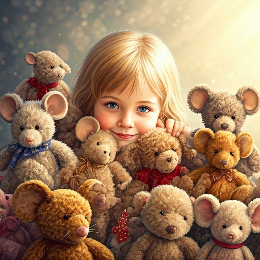 Child Surrounded by Plush Mice in Dreamy Light