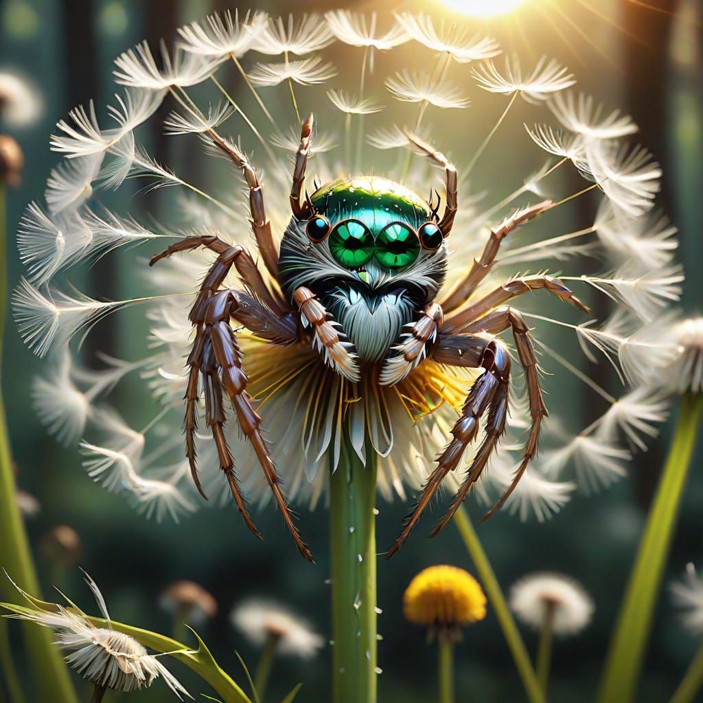 Spider in Dandelion Seed Head with Emerald Green and Silver ...