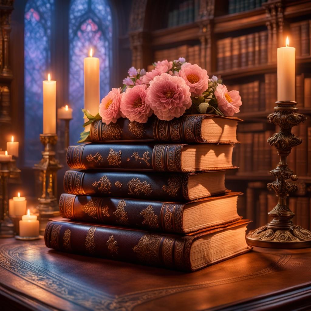 Mystical Library: Books, Flowers, and Candlelight