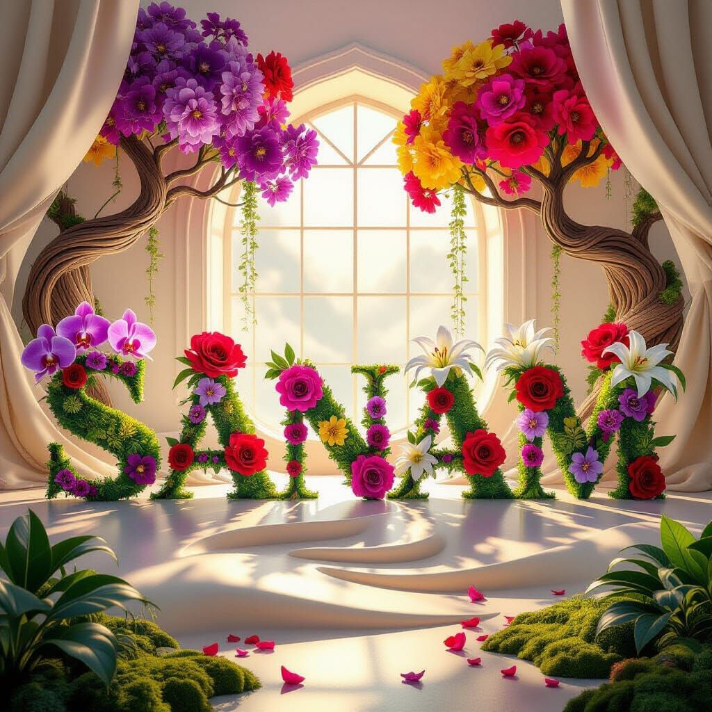 Sanam Text Art: Neon Foliage and Giant Flowers in 3D