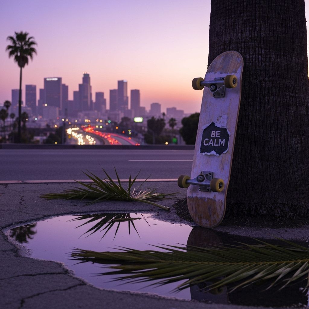 Skateboard at Golden Hour Overlooking Smoggy LA