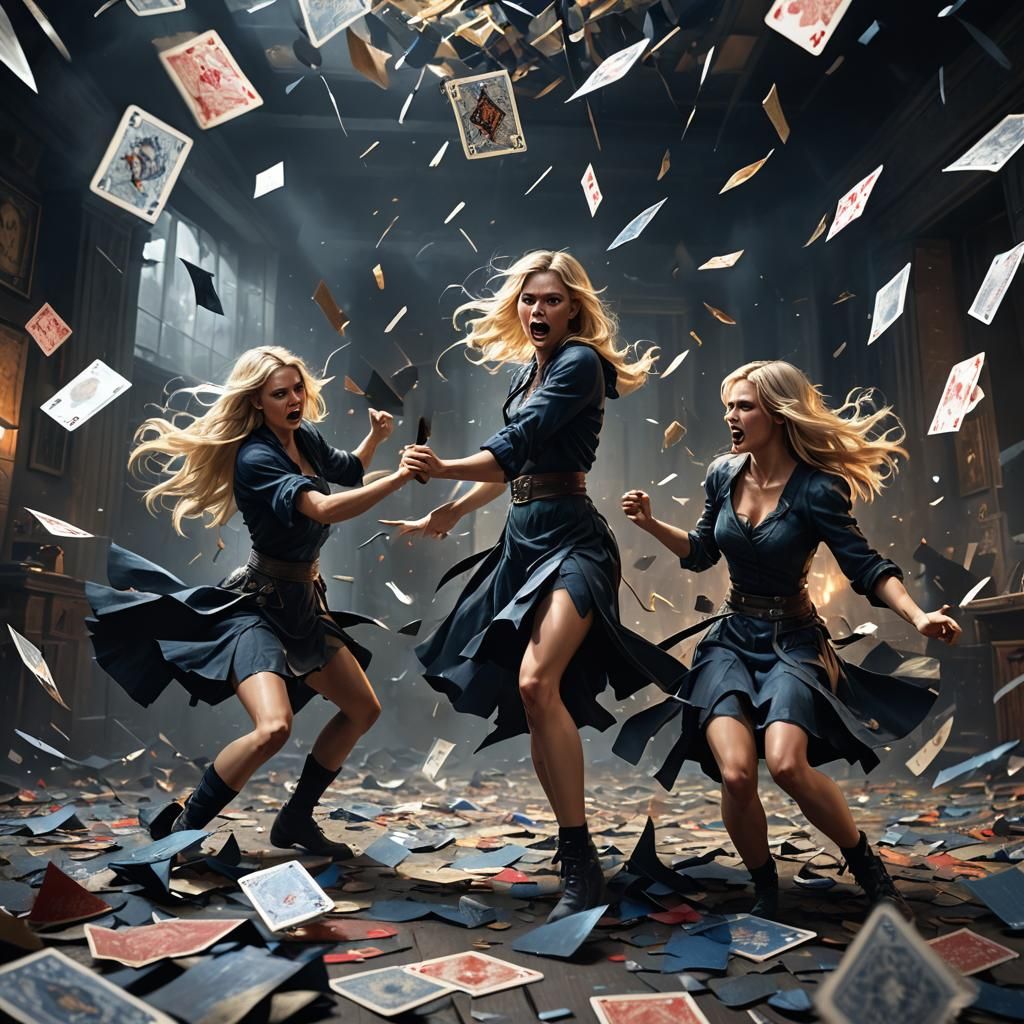 Dark Fantasy: Blonde Girls Fighting with Cards
