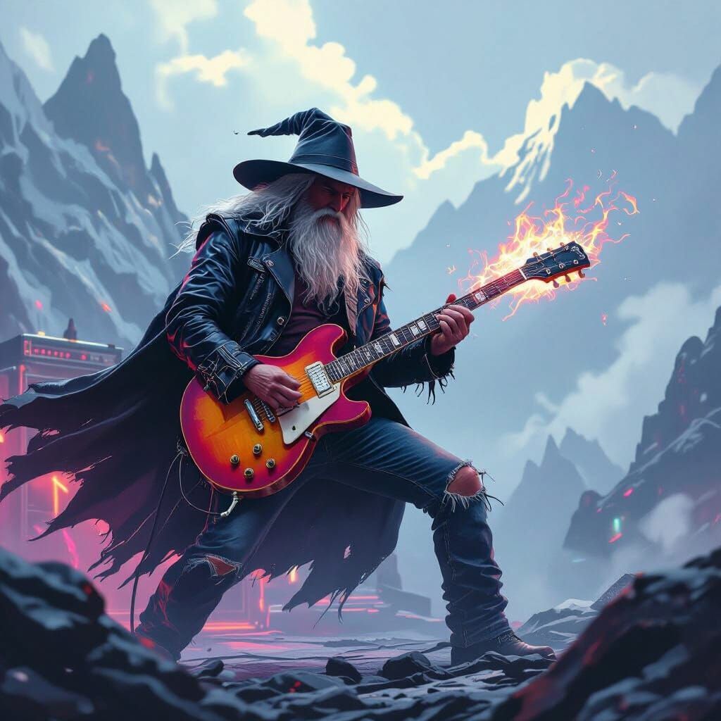 Gandalf Rocks Out on Guitar in Futuristic Style