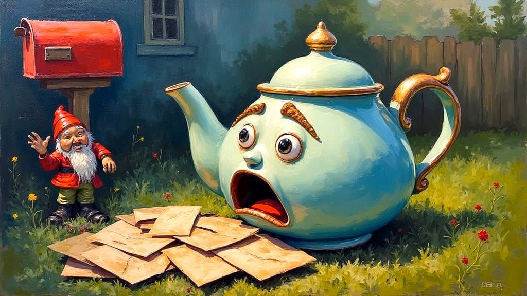 Terrified Teapot Facing Past Due Bills in Yard Painting